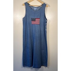 VTG 90s Denim Jumper Dress by Carolina Blues Embroidered American USA Flag XL